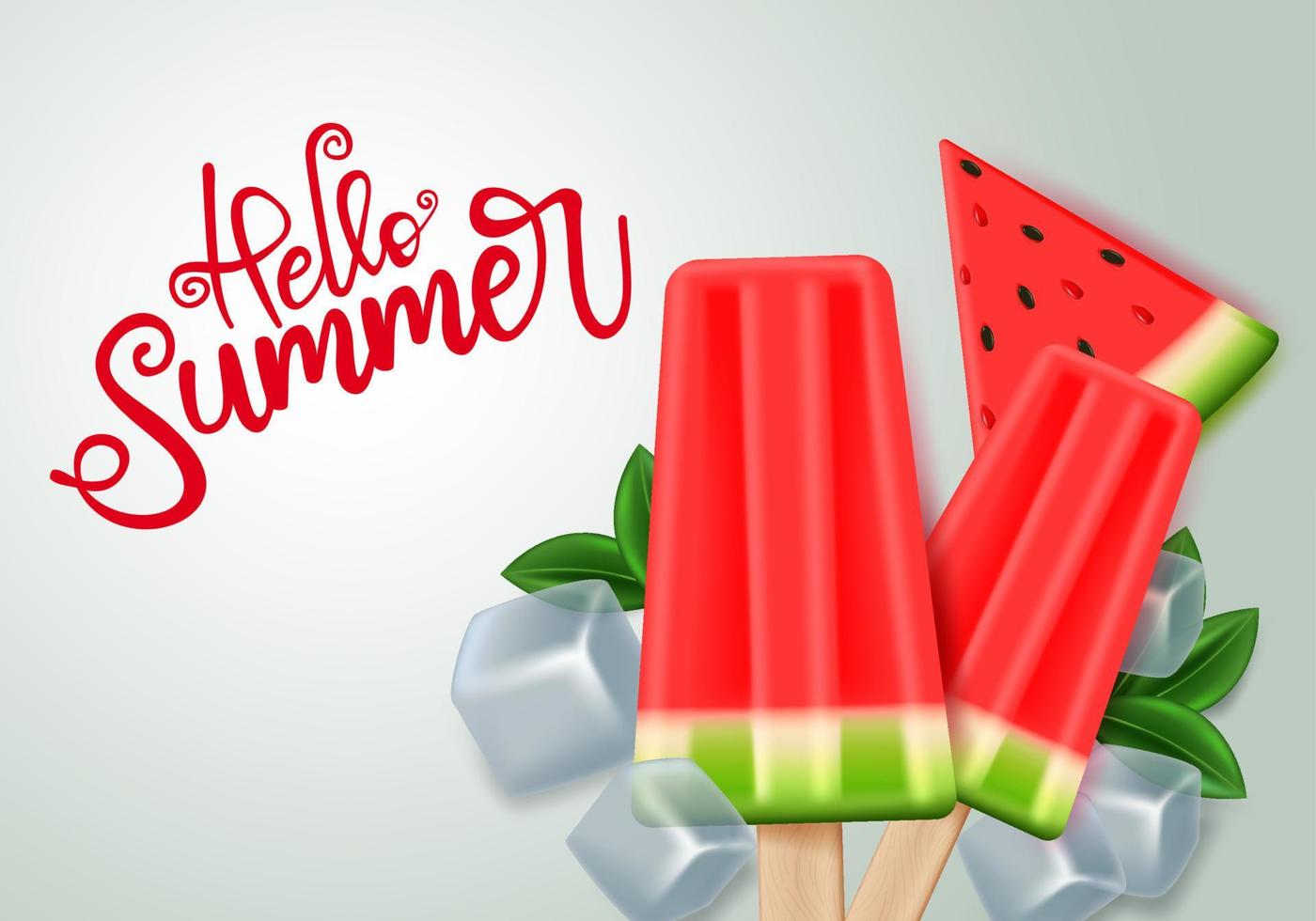 hola verano con diseño de vector de paleta de sandía. hola texto de verano con fruta de sandía tropical y paleta con elementos de hielo en fondo blanco. ilustración vectorial