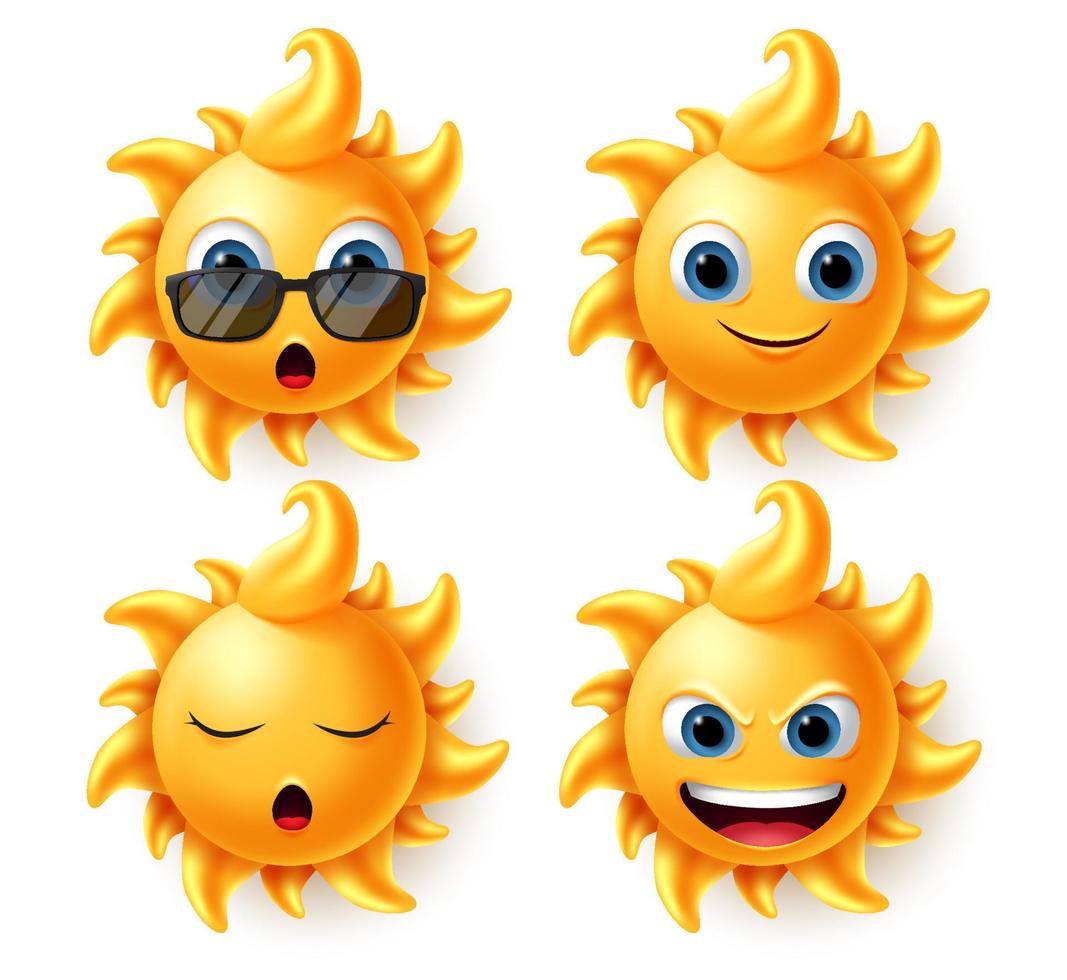 conjunto de vectores de caracteres solares. personaje solar en diferentes expresiones faciales como sorpresa, sonrisa, sueño y enojo por emoji de verano y emoticono aislado en fondo blanco. ilustración vectorial