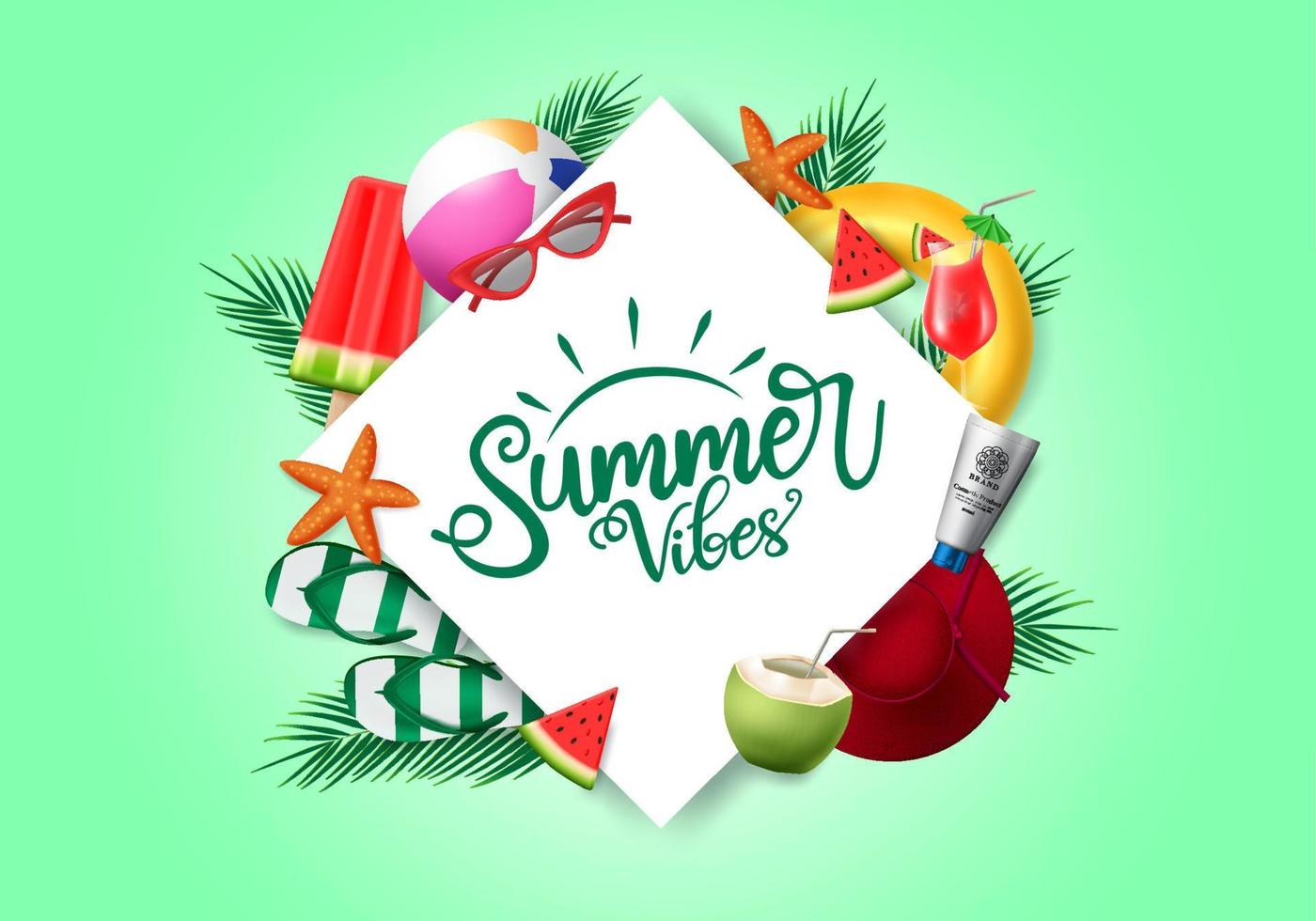 Summer vibes vector banner template. Summer vibes text with beach element of sunglasses, watermelon, hat, beach ball, floater, popsicle, and sunscreen white white frame in green background.