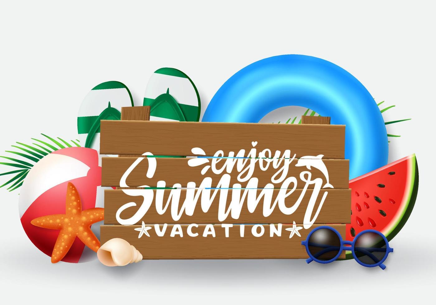 Summer vector banner design. Summer vacation typography in wood space for text with beach elements like floaters, beach ball, flipflop and sunglasses in white background. Vector illustration.