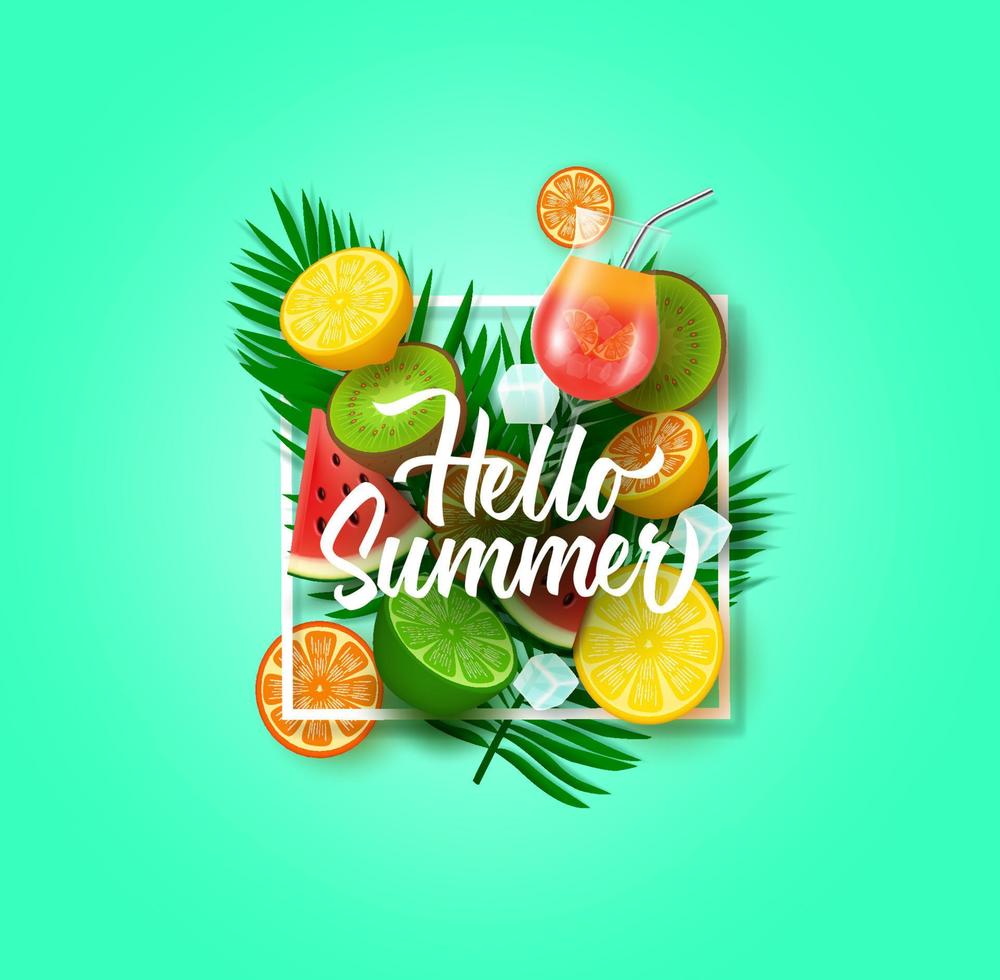 hola diseño vectorial de verano con frutas tropicales. hola texto de verano con elementos de frutas de temporada tropical como limón, sandía. vector