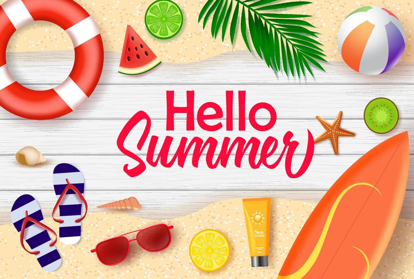 Hello summer vector banner design. Hello summer text in wood background with beach and tropical fruits like surf board, lifebuoy, beach ball, water melon, lemon, and kiwi for holiday season.