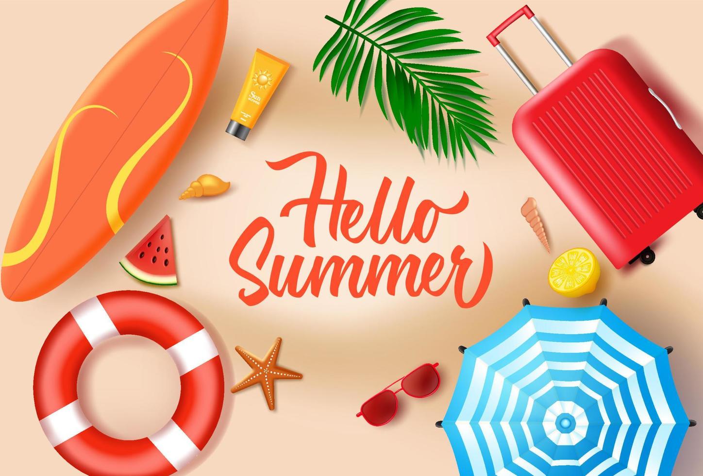 Hello summer in sand background vector design. Hello summer text with beach elements like luggage, lifebuoy, surfboard, umbrella, sunglasses, and sunscreen for holiday travel. Vector illustration.