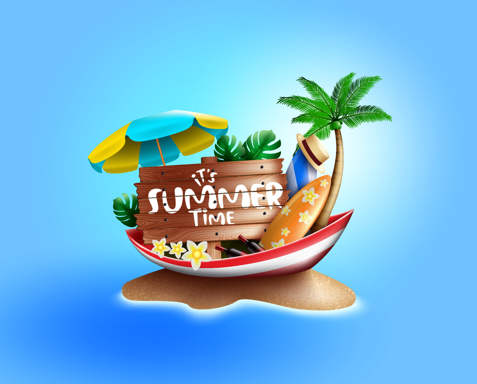 Free Vector  Summer time text on illustrated beach