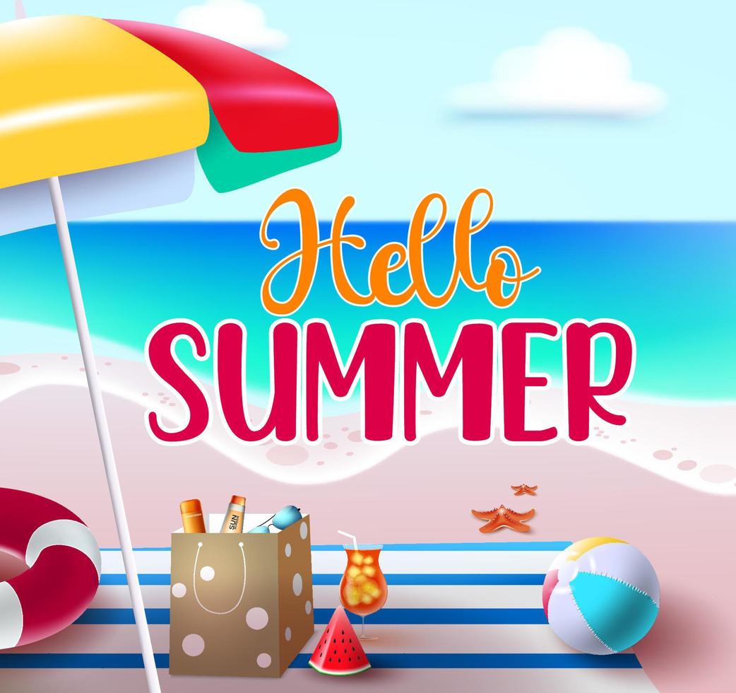 Hello summer vector banner design. Hello summer text in beach seashore background for holiday season vacation with outdoor tropical elements like mat and umbrella. Vector illustration