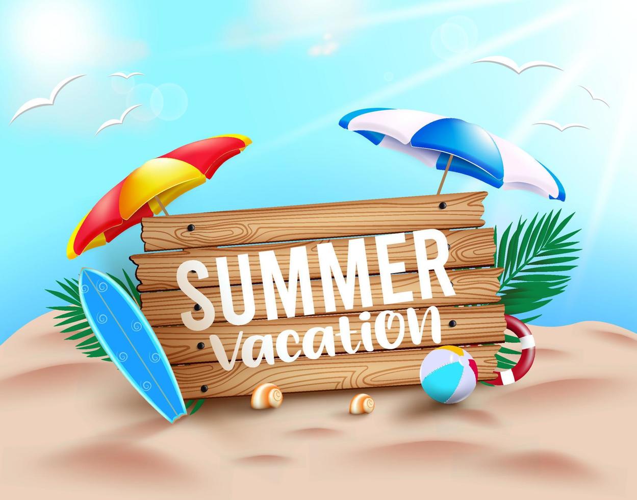 Summer vacation vector concept design. Summer vacation text in wood texture with beach elements like umbrella, surfboard and beachball for fun and enjoy travel vacation. Vector illustration