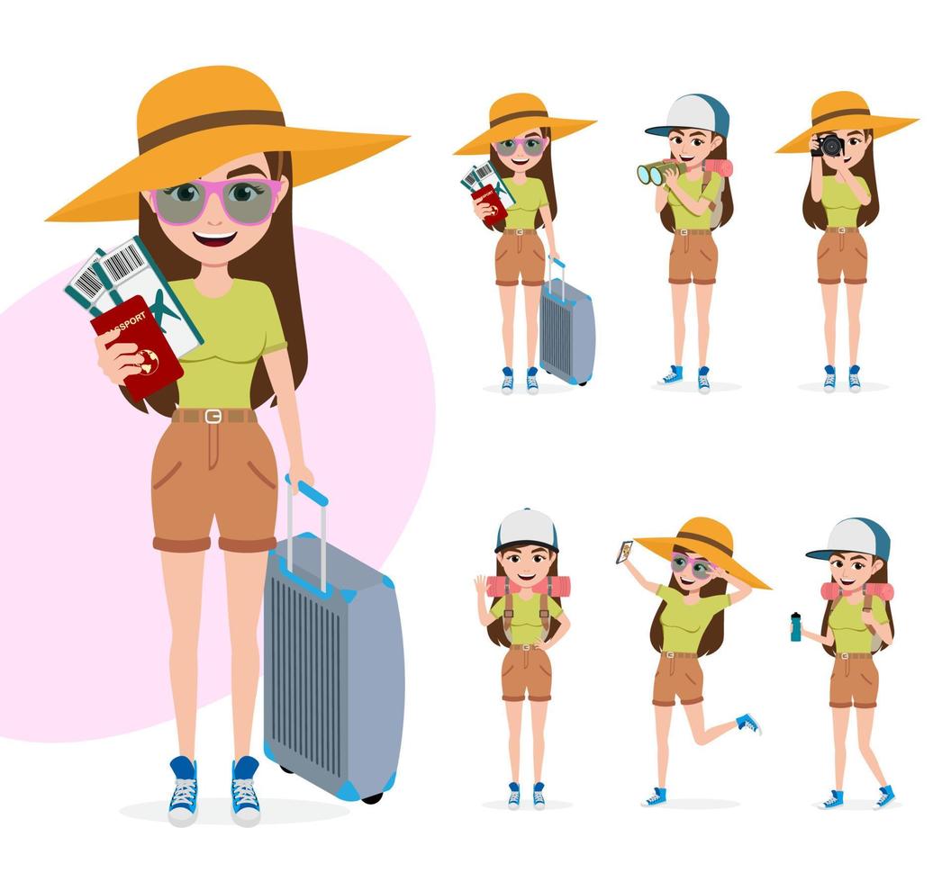 conjunto de vectores de caracteres de mujer de viaje. personaje femenino turista en diferentes poses como estar de pie mientras sostiene el pasaporte, el boleto y el equipaje, se telescopa, bebe y saluda para las vacaciones de verano aisladas.