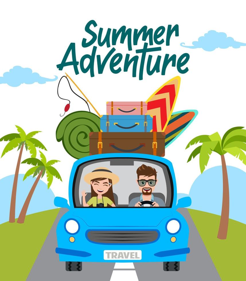 Summer adventure vector concept design. Summer adventure text with travel characters in car driving and beach element like fishing rod, surf board, and luggage travelling for summer vacation.