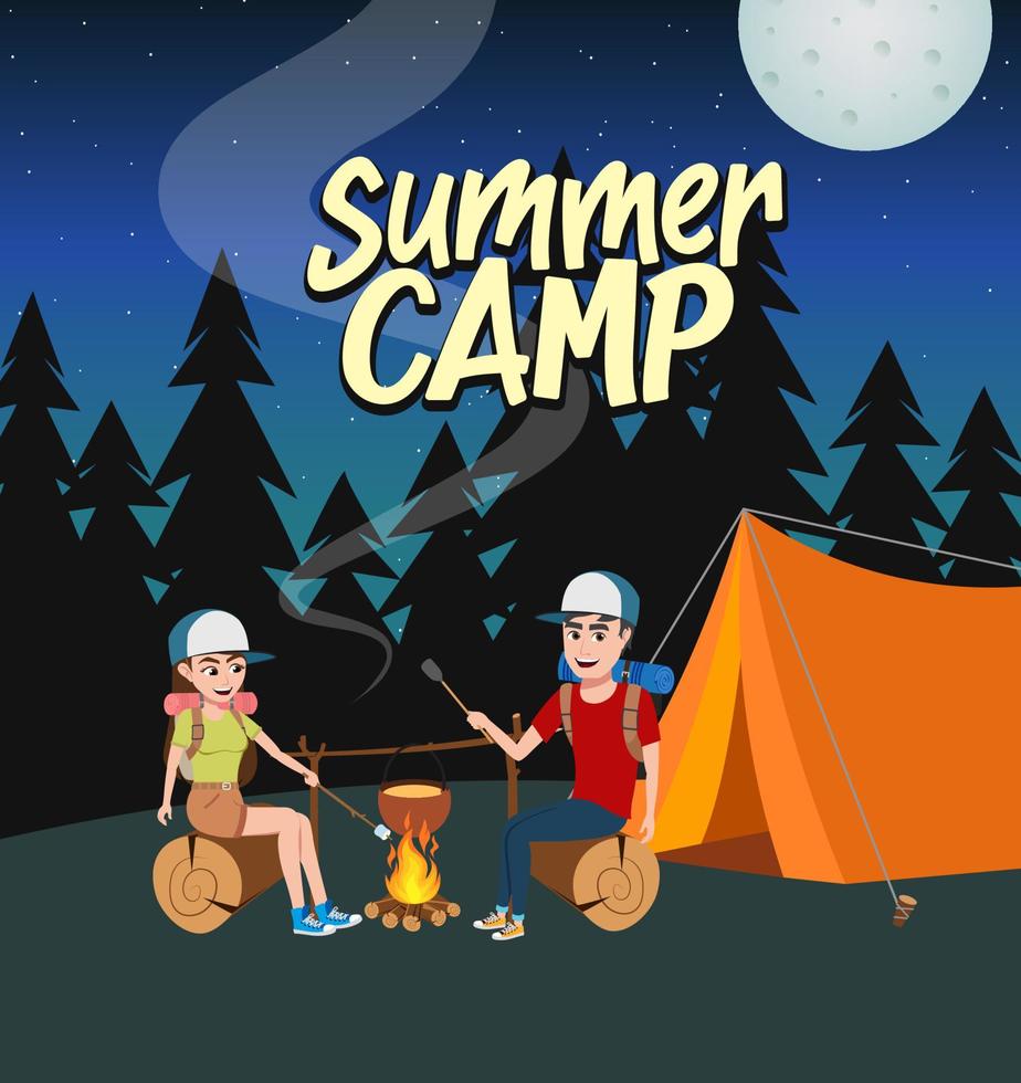 Summer camp vector concept design. Summer camp text with couple hiker characters in hiking activity like cooking in night forest background. Vector illustration.