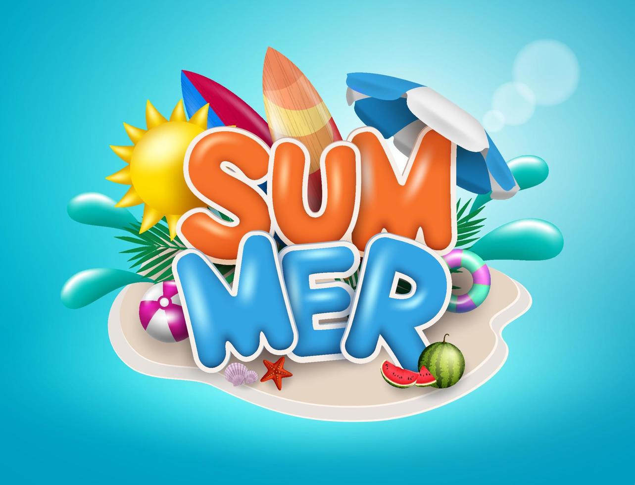 diseño de concepto de vector de verano. texto de verano en la isla con elemento de playa como sol, tabla de surf y sombrilla en el fondo azul del mar. ilustración vectorial