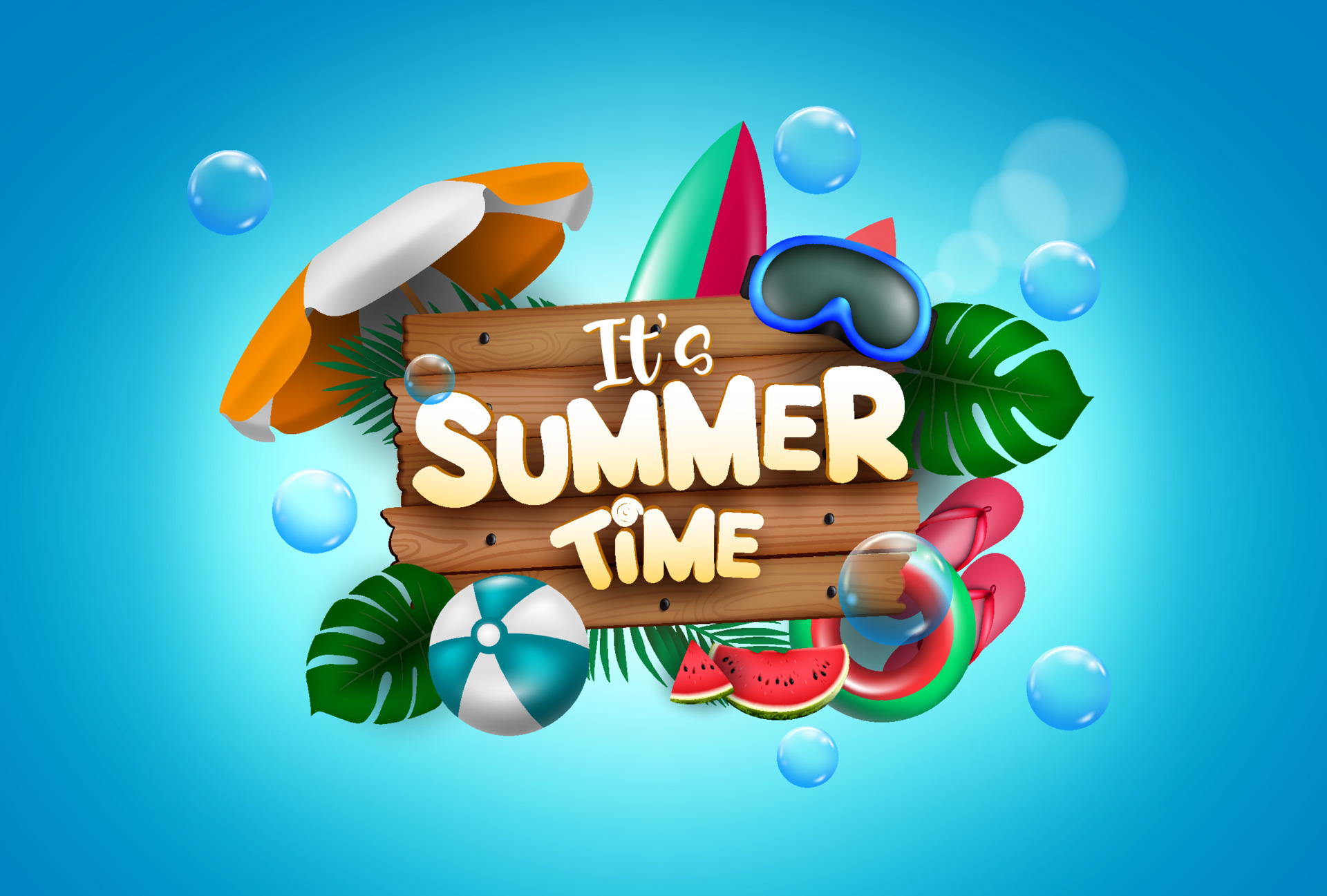 Summer time vector concept design. It's summer time text with colorful  beach elements like goggles, beach ball, surfboard and floater for vacation  season. Vector illustration 5270499 Vector Art at Vecteezy