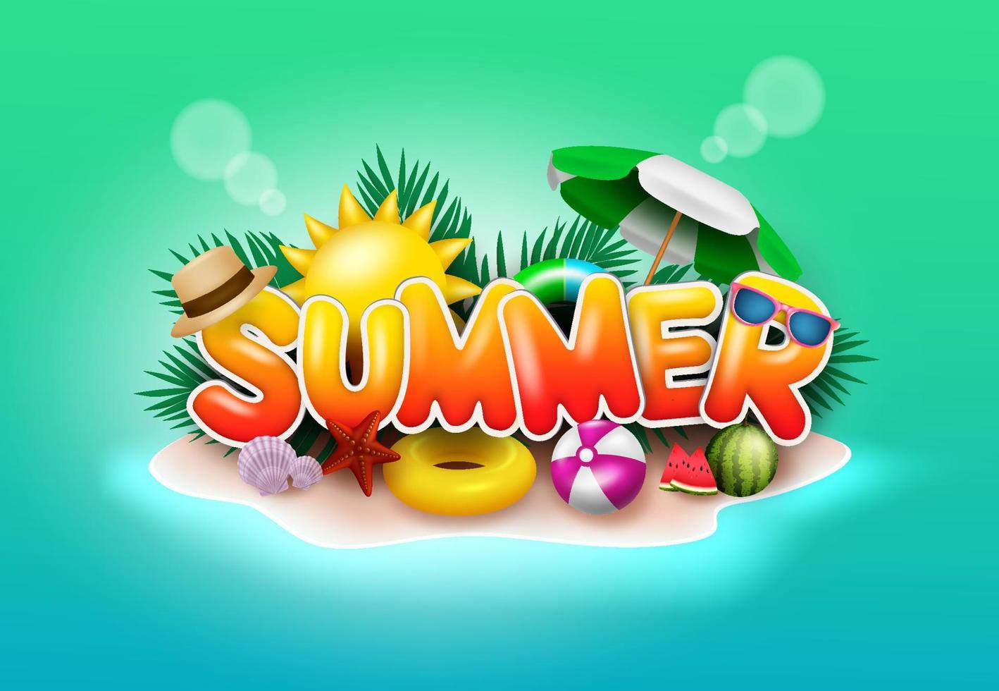 Summer vector banner design. Summer text in beach island background with sun and umbrella elements for fun and enjoy holiday season. Vector illustration