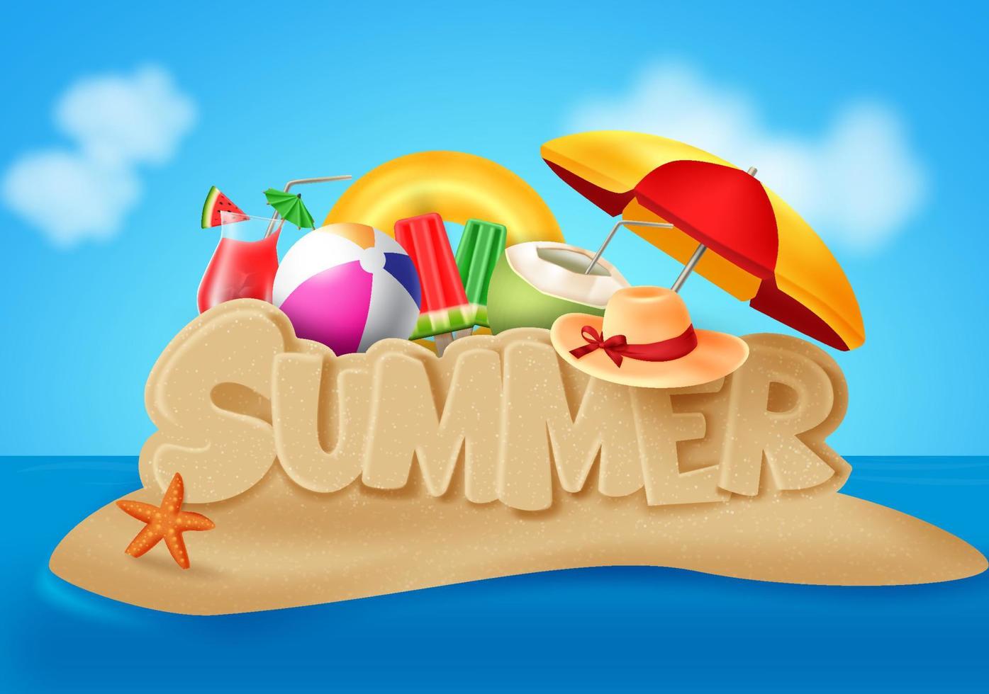 Summer beach vector banner design. Summer text in beach sand island typography with summer elements like umbrella, beach ball, hat, juice, coconut, ice cream and starfish in blue sky background.