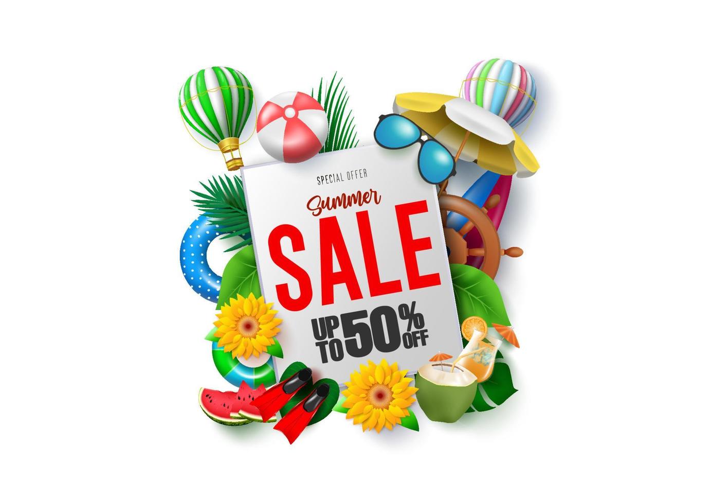 Summer sale vector template design. Summer sale text in white space with beach elements for holiday season special offer promo discount. Vector illustration