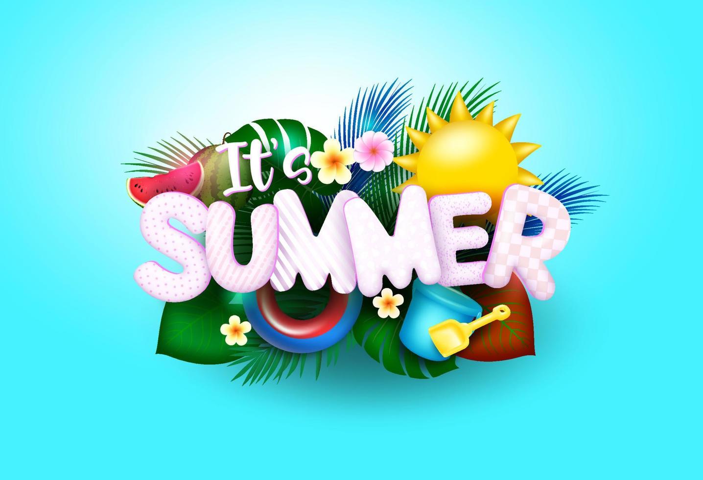 Summer vector concept design. It's summer text in blue background with sun, palm tree leaves, bucket and shovel elements for fun summer season design. Vector illustration