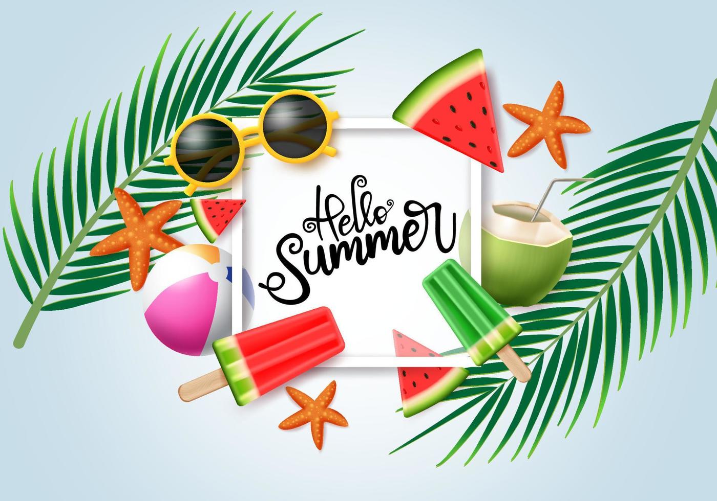 Hello summer vector concept design. Hello summer typography in white space for text with colorful beach elements like sunglasses, popsicle, beach ball, coconut in palm leaves background.