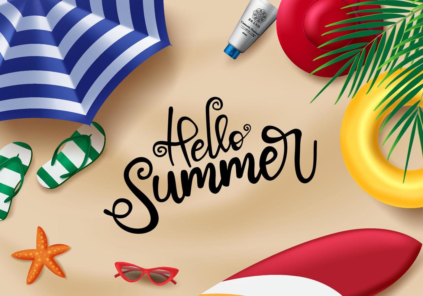 Hello summer in sand vector background design. Hello summer text with beach travel elements like surfboard, hat, floater, flip flop, hat and sunscreen. Vector illustration.