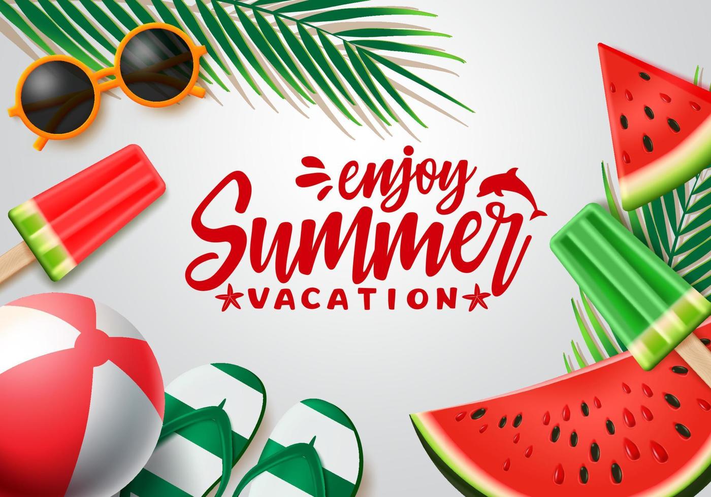 Summer vector banner design. Summer vacation text with beach elements and tropical fruits like watermelon and popsicles in white background for holiday season. Vector illustration.