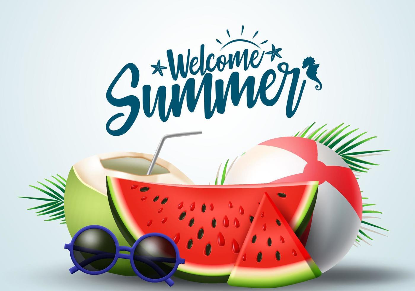 Summer greeting vector banner design. Summer welcome text with tropical fruits like watermelon, coconut juice and beach elements in white background. Vector illustration.