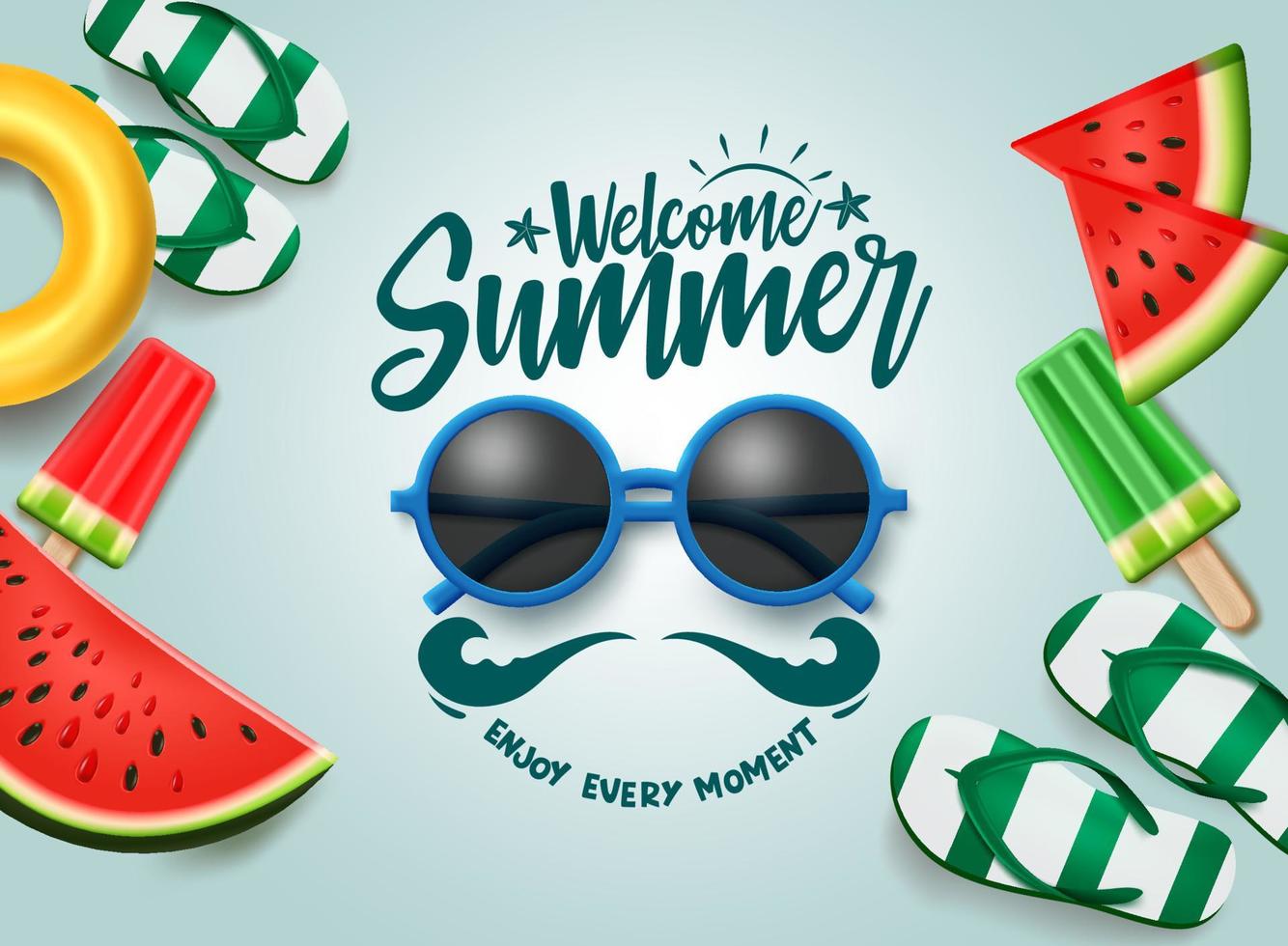 Summer vector banner design. Welcome summer text with sunglasses, tropical fruits and beach elements for holiday season. Vector illustration.