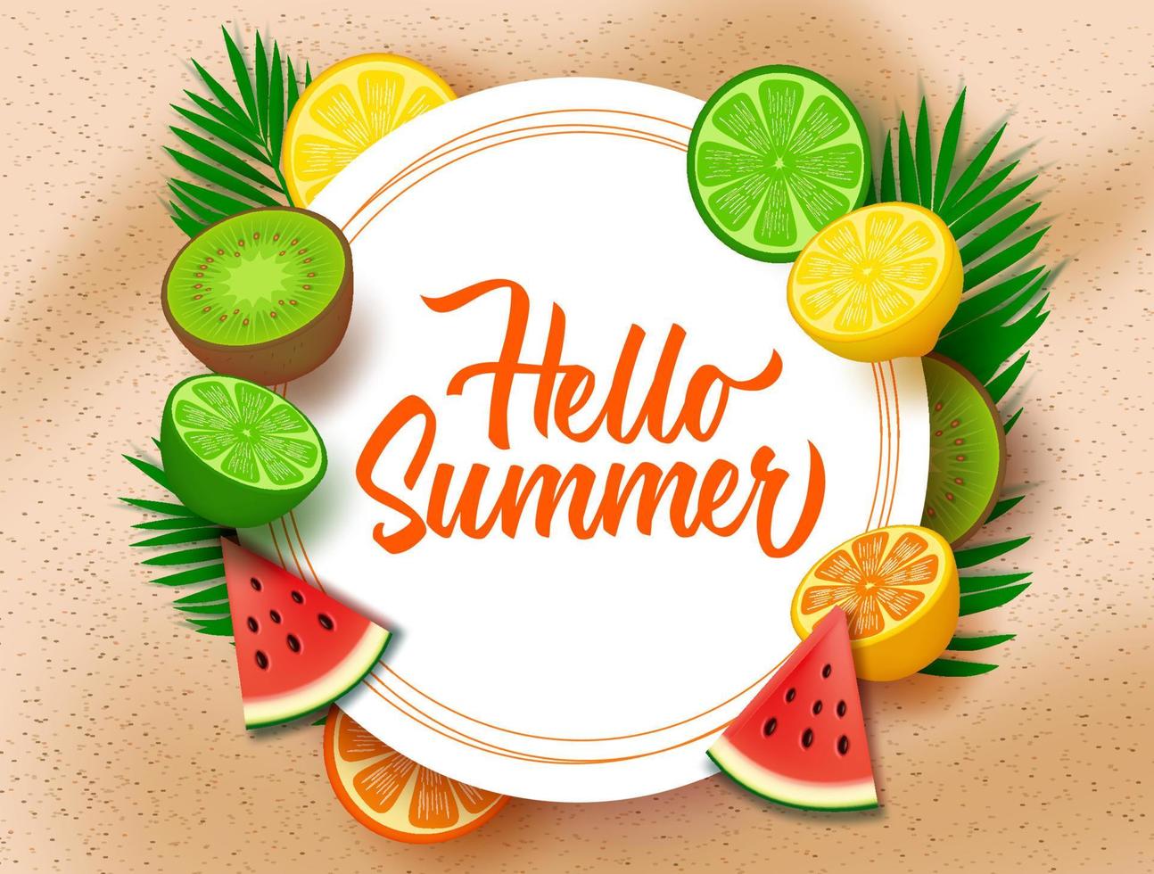hola verano con plantilla de fondo de frutas. hola texto de verano en un marco blanco circular con elementos de frutas tropicales como melón de agua, calamansi, kiwi, naranja y limón. vector