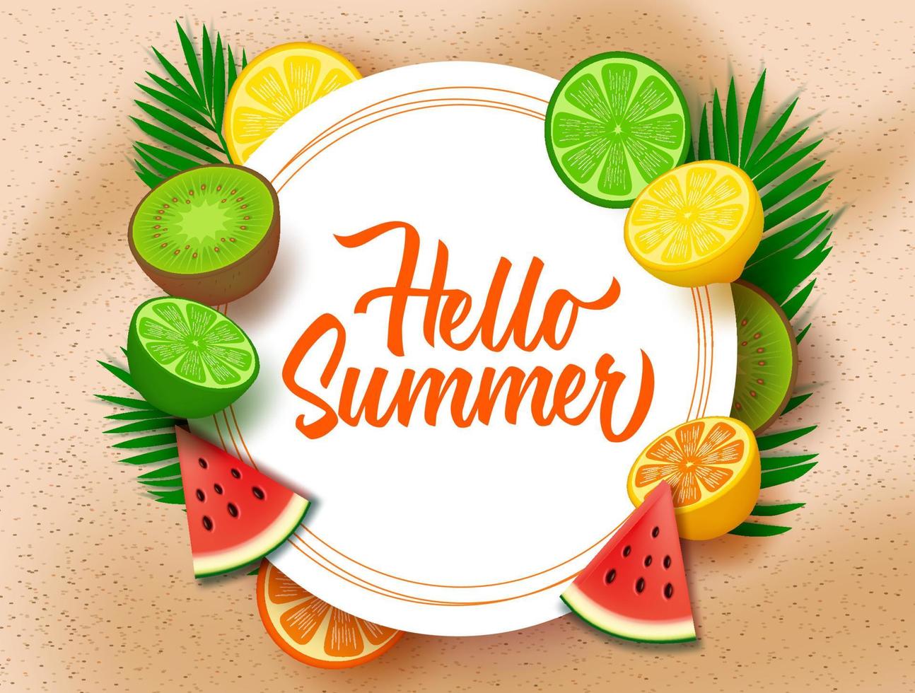 Hello summer with fruits background template. Hello summer text in circle white frame with tropical fruits elements like water melon, calamansi, kiwi, orange and lemon. vector