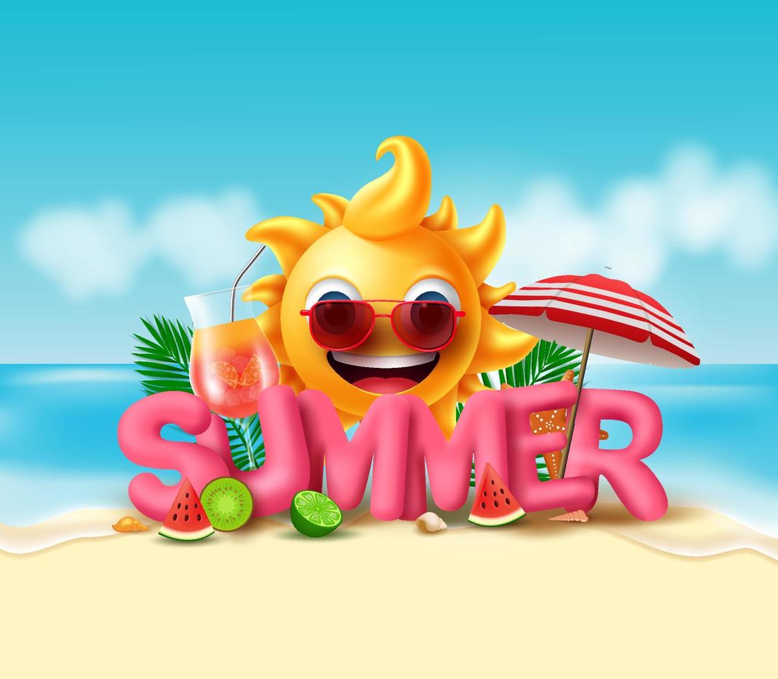 diseño de banner vectorial de verano. verano en texto rosa 3d con sol sonriente y frutas tropicales como sandía, naranja, kiwi, limón, lima y jugo fresco en el fondo de la playa. ilustración vectorial vector