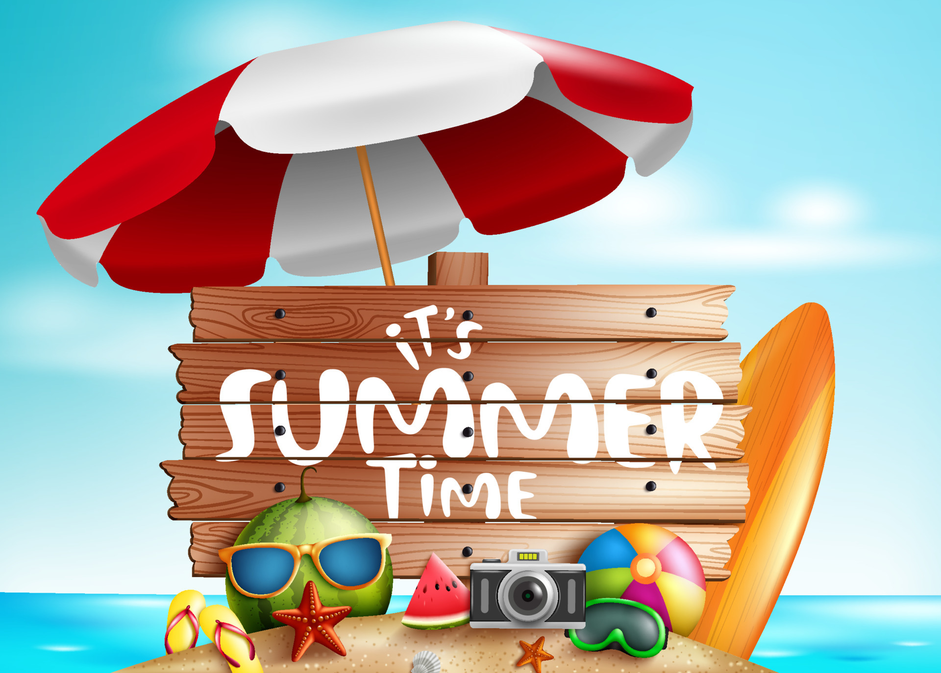 Summer time vector concept design. It's summer time text with colorful  beach elements like goggles, beach ball, surfboard and floater for vacation  season. Vector illustration 5270499 Vector Art at Vecteezy