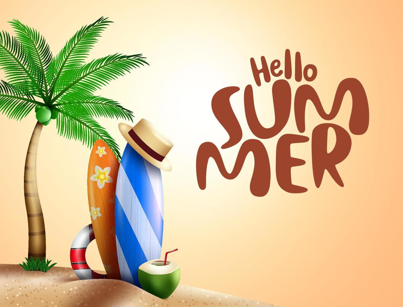 hola fondo de banner de vector de verano. hola texto de verano en arena de playa con elementos de tabla de surf, sombrero y palmera para divertirse y disfrutar de un cálido diseño de vacaciones. ilustración vectorial