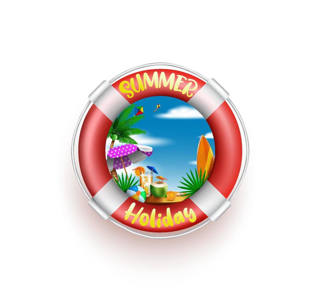 Summer lifebuoy vector concept design. Summer holiday text in life buoy in white background with beach elements for fun and relax tropical season vacation. Vector illustration