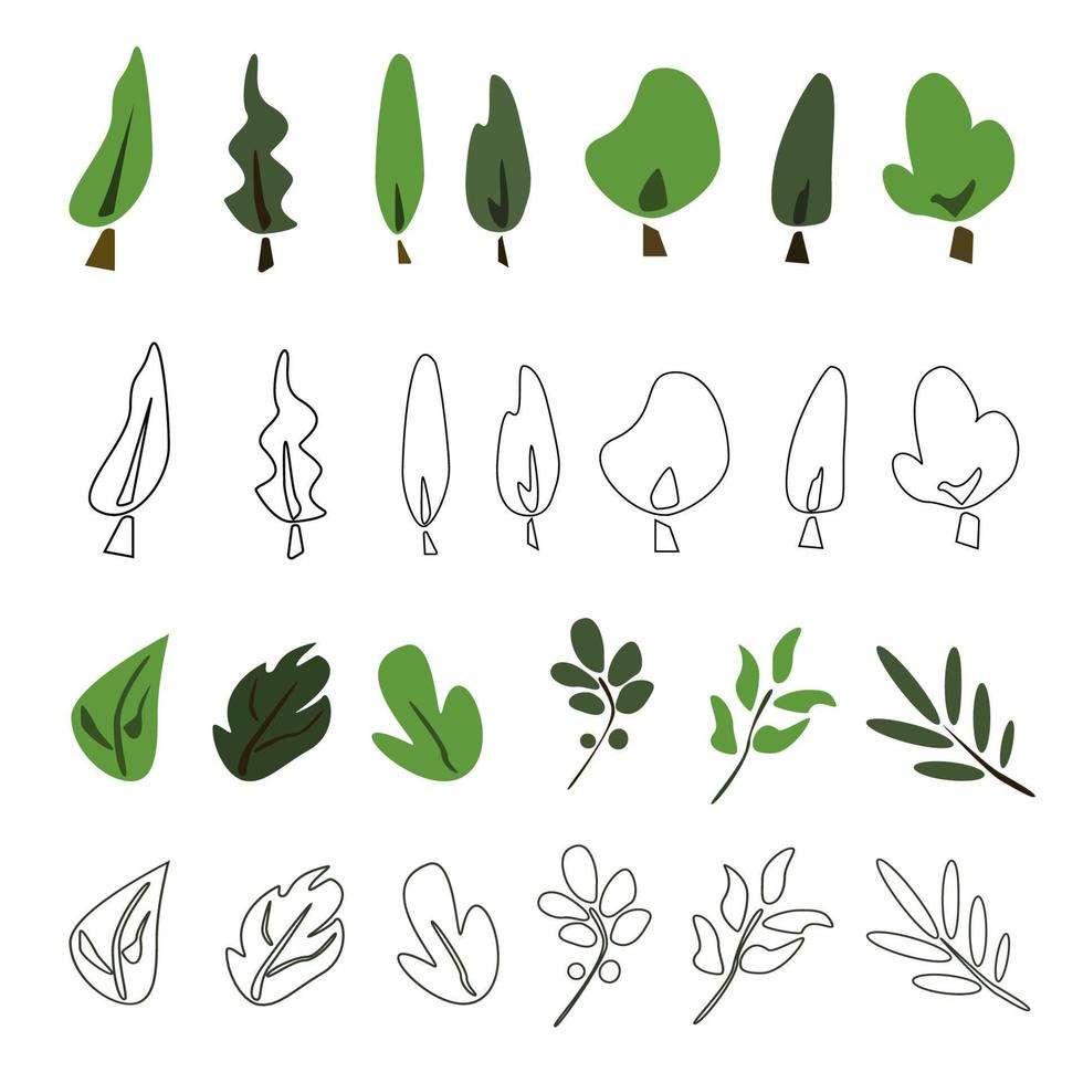 ilustración vectorial de árboles. ilustración vectorial de folletos. aislado en un fondo blanco. ramitas. folletos árboles. dibujo lineal. color verde. verduras vector