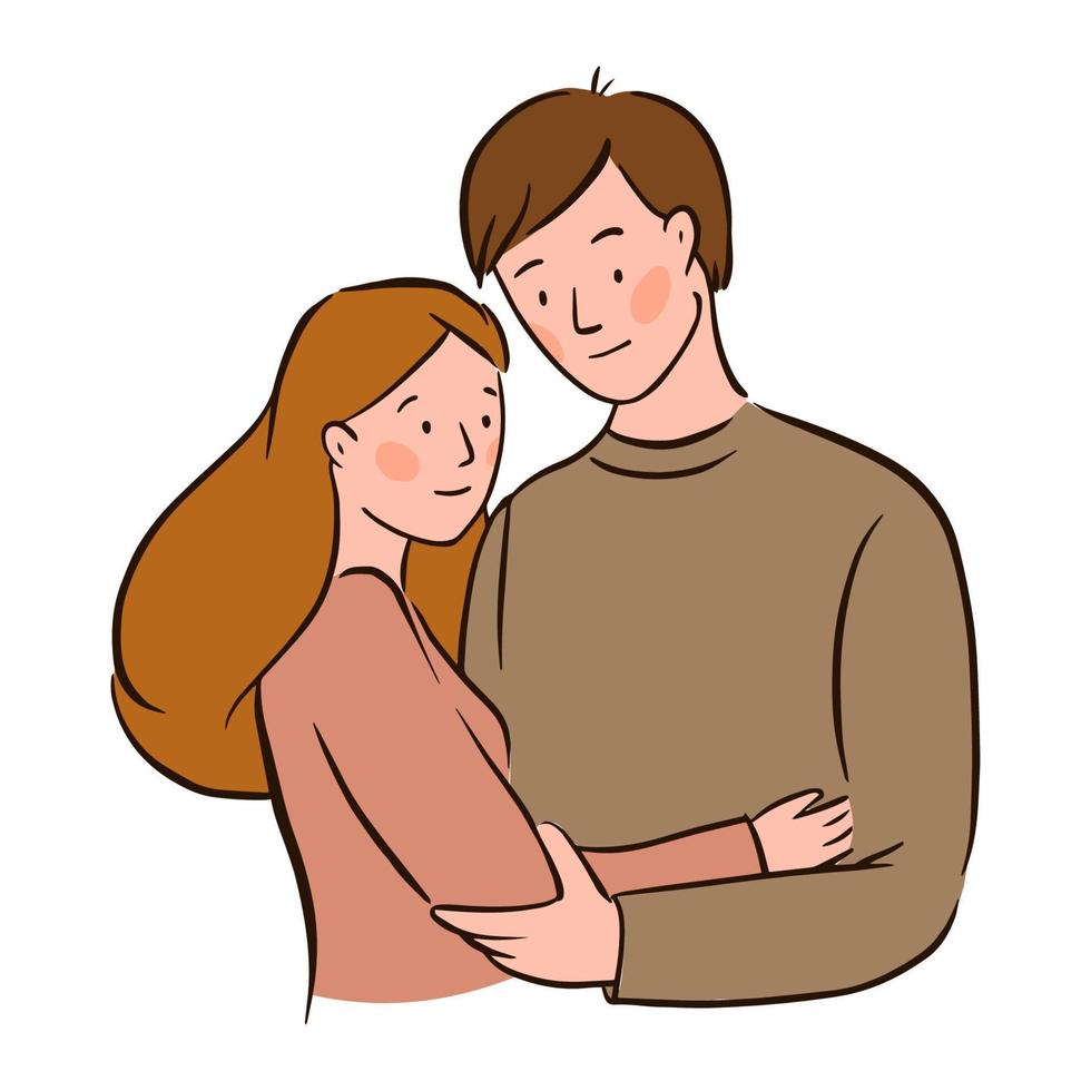 Portraits of a man and a woman in love. Valentine's day or love story. The guy hugs the girl. Vector illustration in hand drawn style.