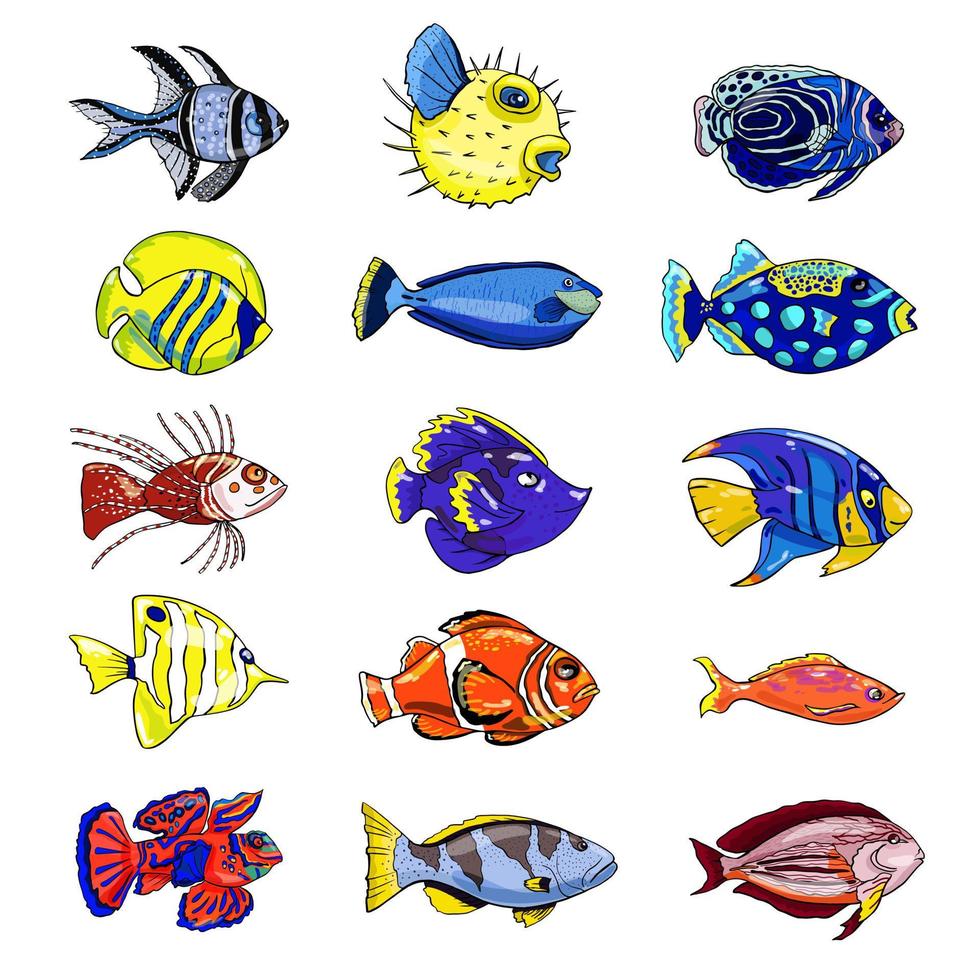 Colorful set of exotic fish on a white background. Hand drawn. Vector illustration.