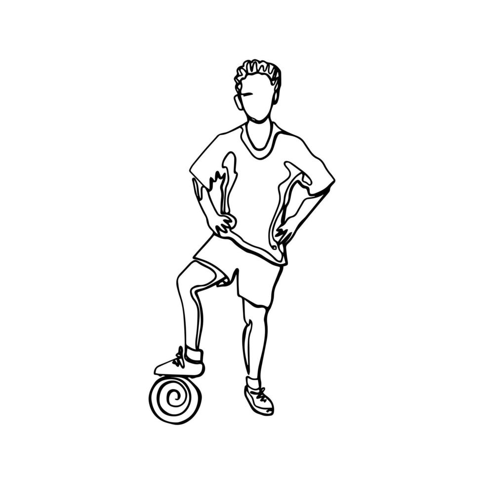 Young soccer player with a ball one continuous line drawing vector illustration isolated on white background. Minimalist design concept.