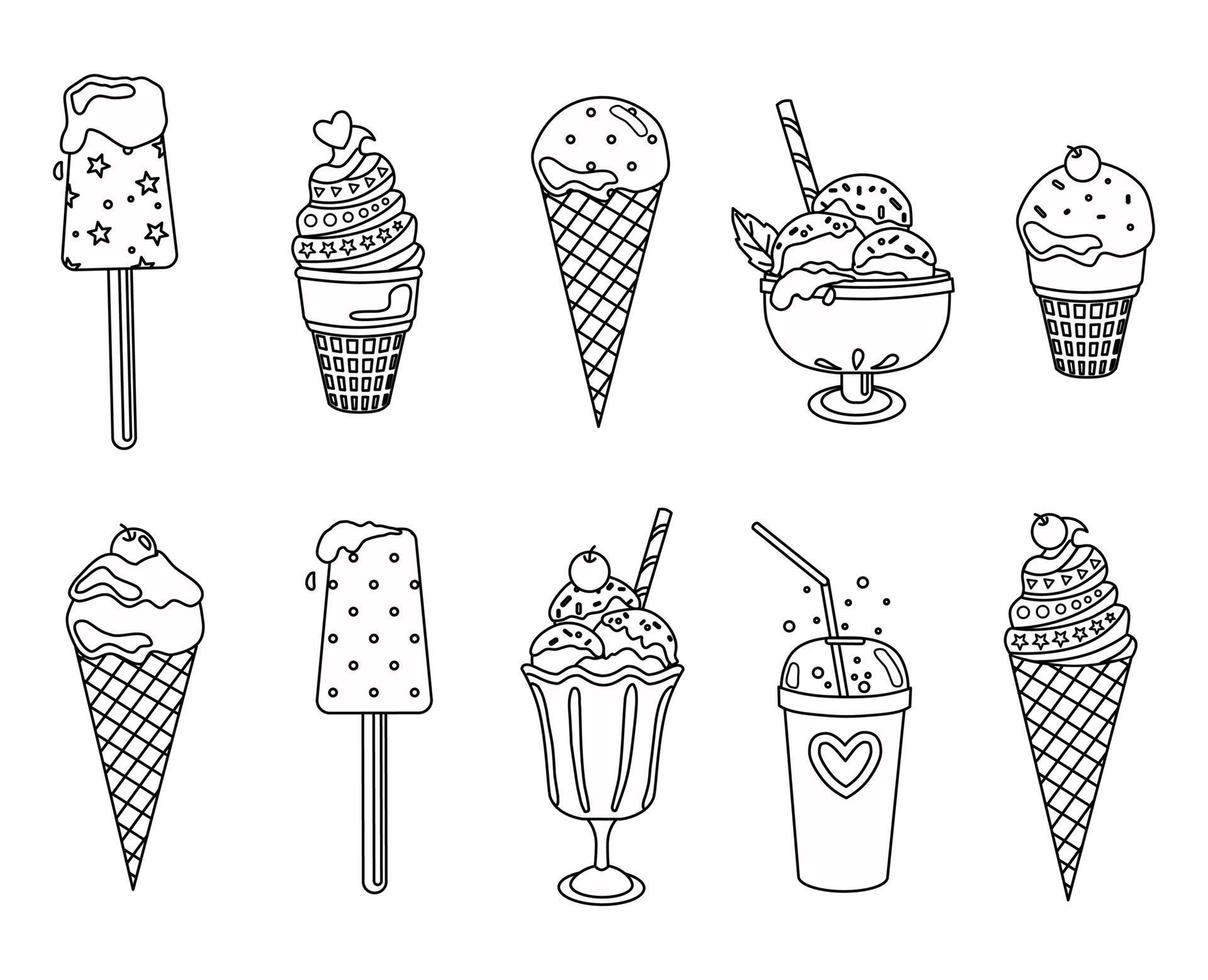 Set of black and white ice cream outlines on an isolated background. Icon, coloring book. vector