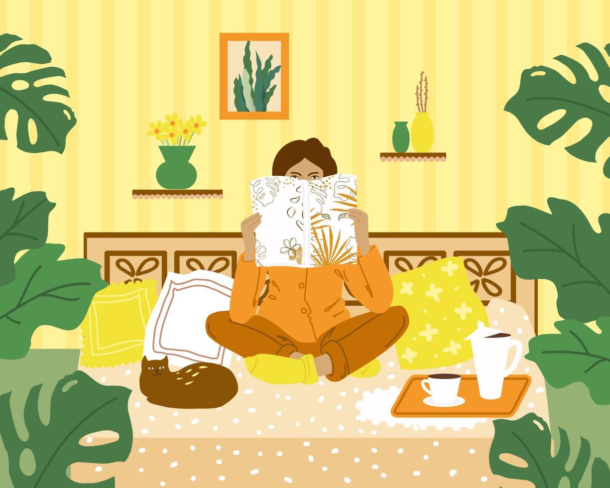 ilustración vectorial colorido. una niña lee una revista en casa. objetos aislados. vector
