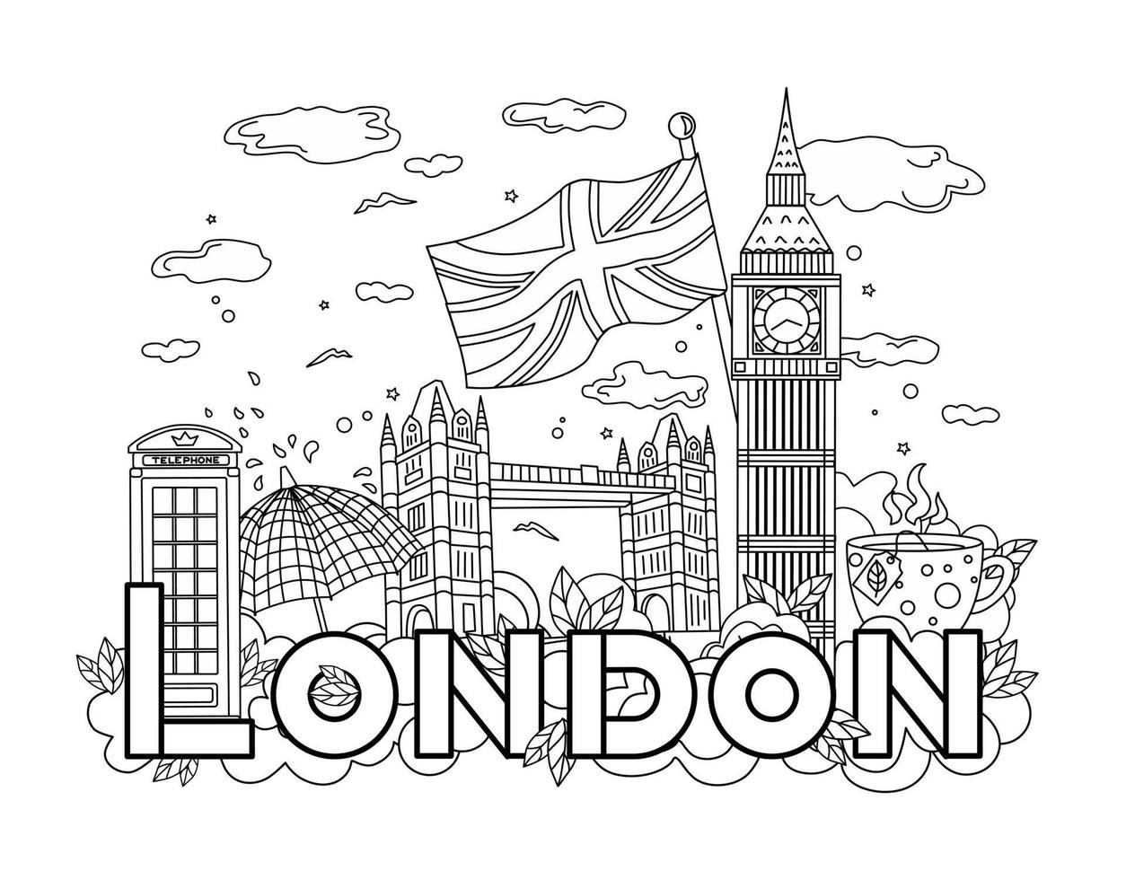 London outline.History of travel and tourism. Vector background. Linear illustration. Coloring book.