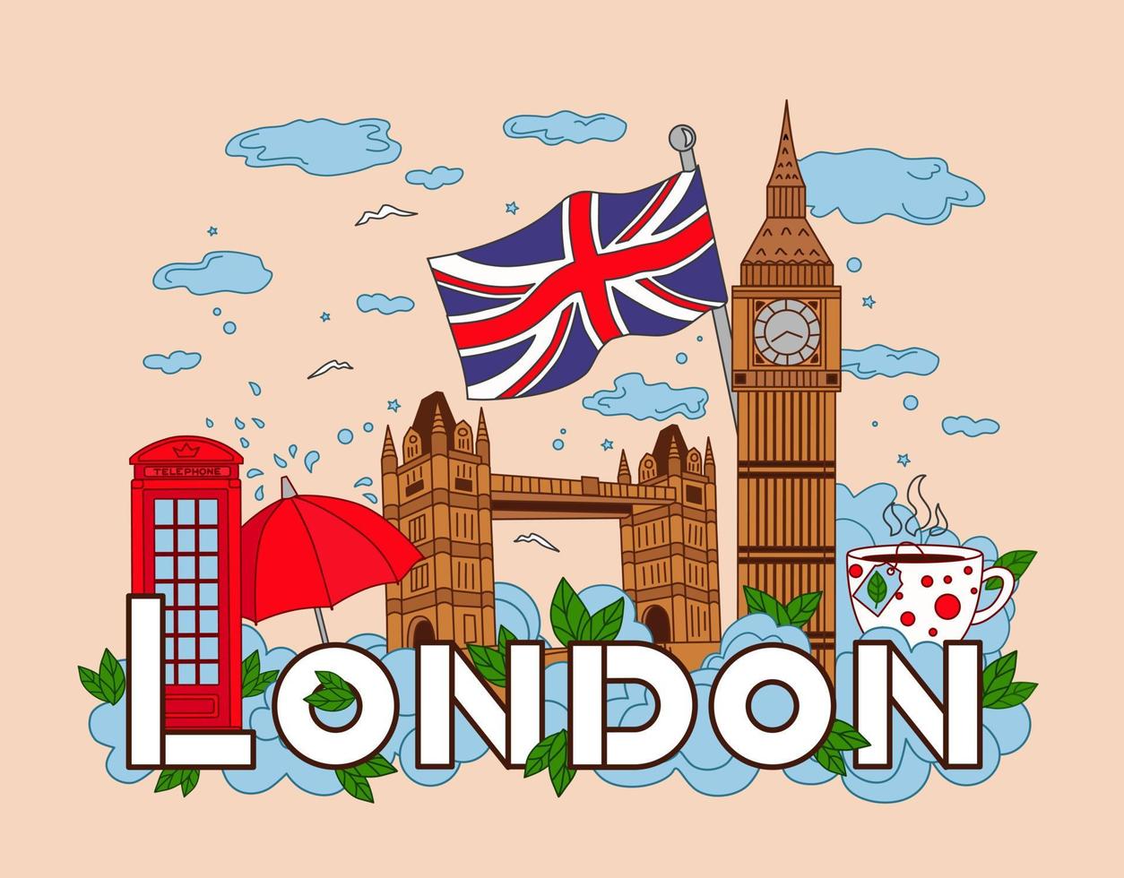 infografías de viajes a londres. fondo vectorial, big ben, puente de la torre, teléfono, taza de té, paraguas, nubes, lluvia. vector