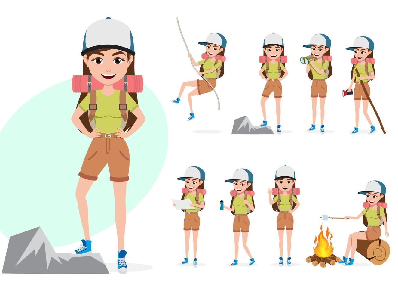 Female mountain climber vector character set. Woman hiker character in different summer hiking activities and standing poses like rope climbing, telescoping, walking and cooking.