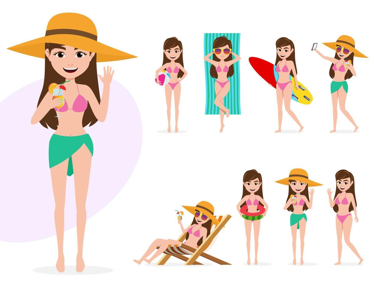 Summer female vector character set. Summer sexy woman characters in swimming outfit and activities like surfing, beach ball playing, sun bathing, relaxing in chair isolated in white background.