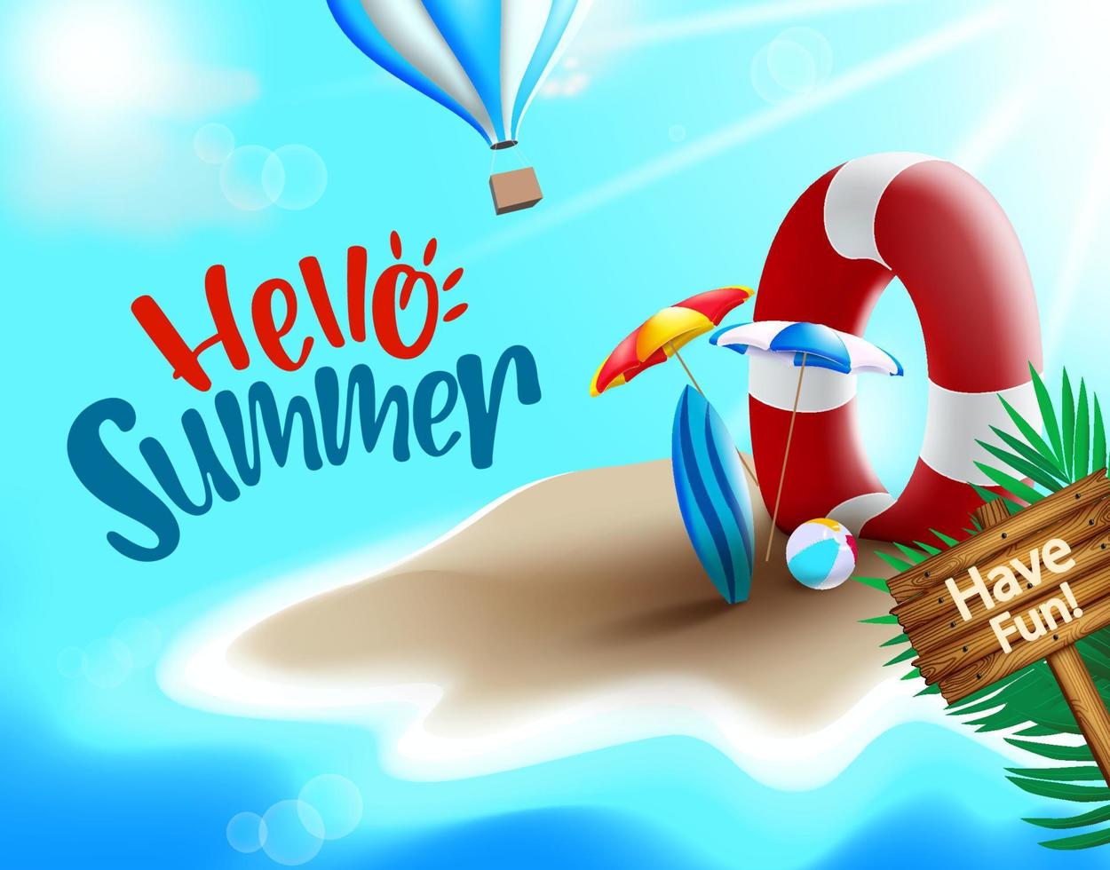 hola diseño de banner vectorial de verano. hola texto de verano en el fondo de la playa de la isla con salvavidas, sombrilla, tabla de surf y elementos de pelota de playa para vacaciones de temporada tropical. ilustración vectorial vector