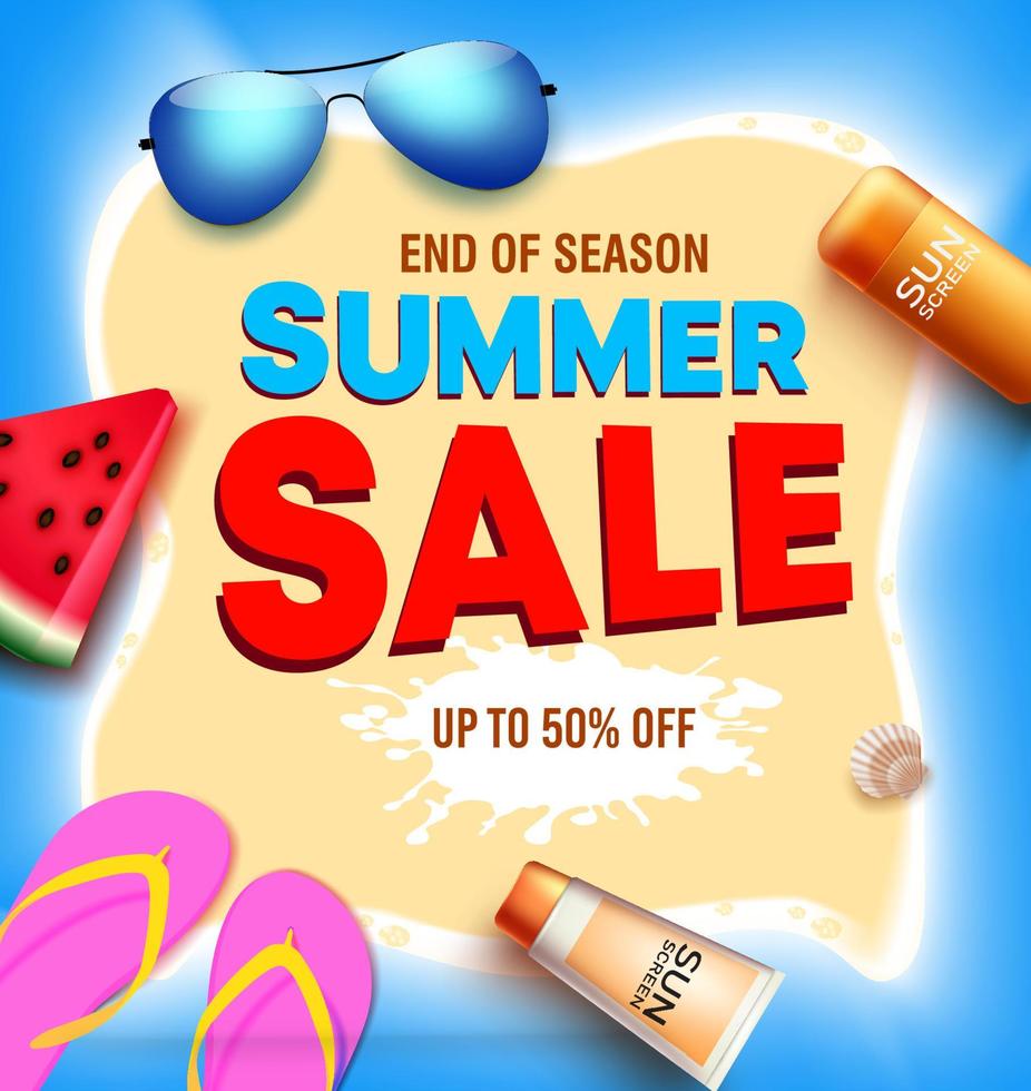 Summer sale vector banner background. Summer sale end of season text with sunscreen and sunglasses tropical element in sand and seashore design for seasonal discount advertisement. Vector illustration