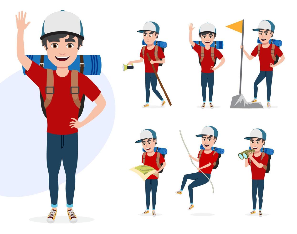 juego de caracteres vectoriales de alpinista masculino. personaje de hombre excursionista en diferentes actividades de senderismo de verano como escalar cuerdas, telescopar, caminar y saludar aislado en fondo blanco. vector