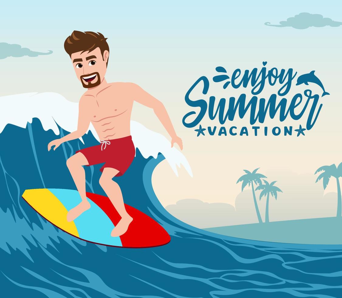 Summer vacation vector concept design. Enjoy summer vacation text with man surfer character surfing in ocean sea waves in summer concept design. Vector illustration.