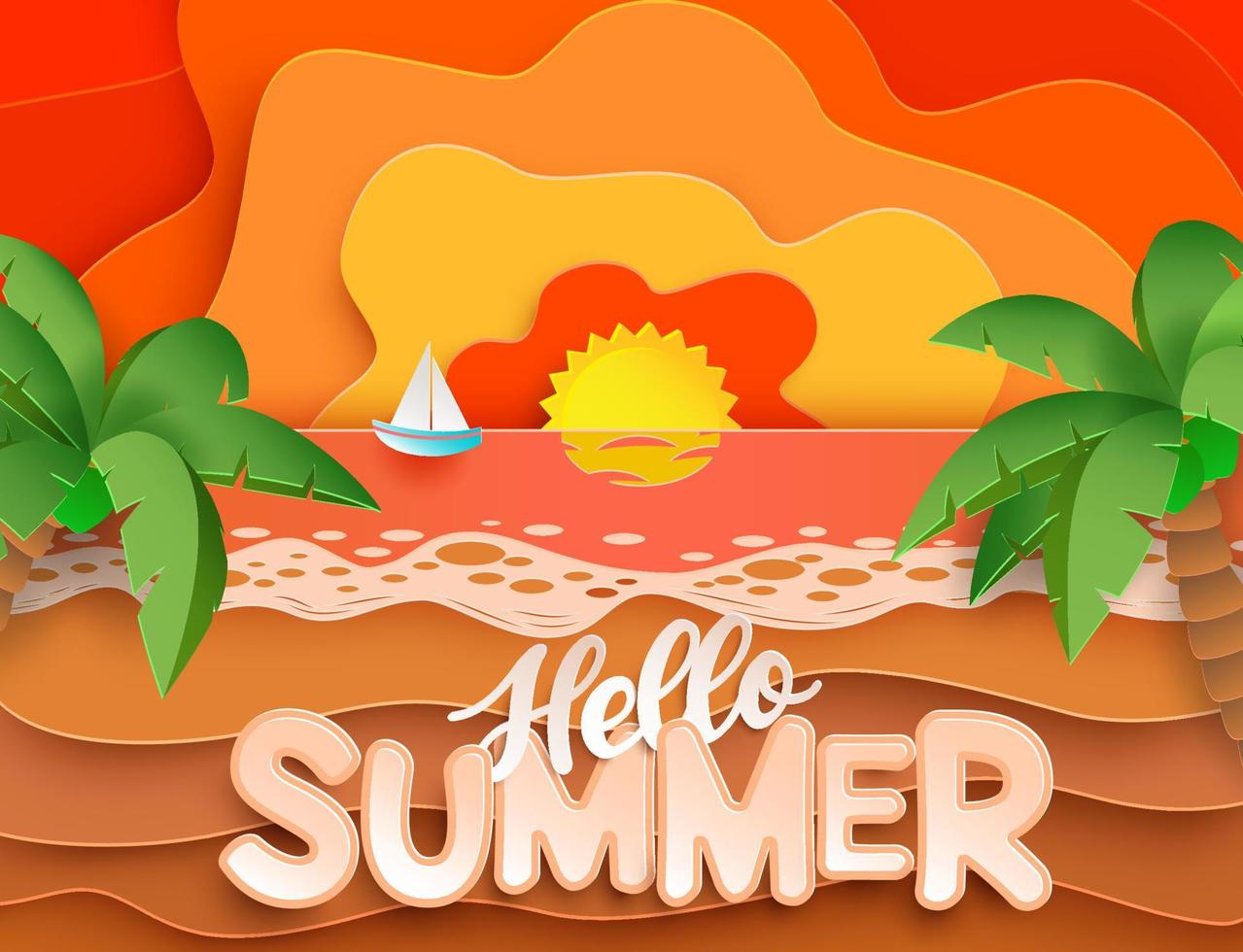 Hello summer vector banner design. Hello summer text in sunset beach paper cut background with palm tree and sailing boat element for tropical holiday season vacation. Vector illustration
