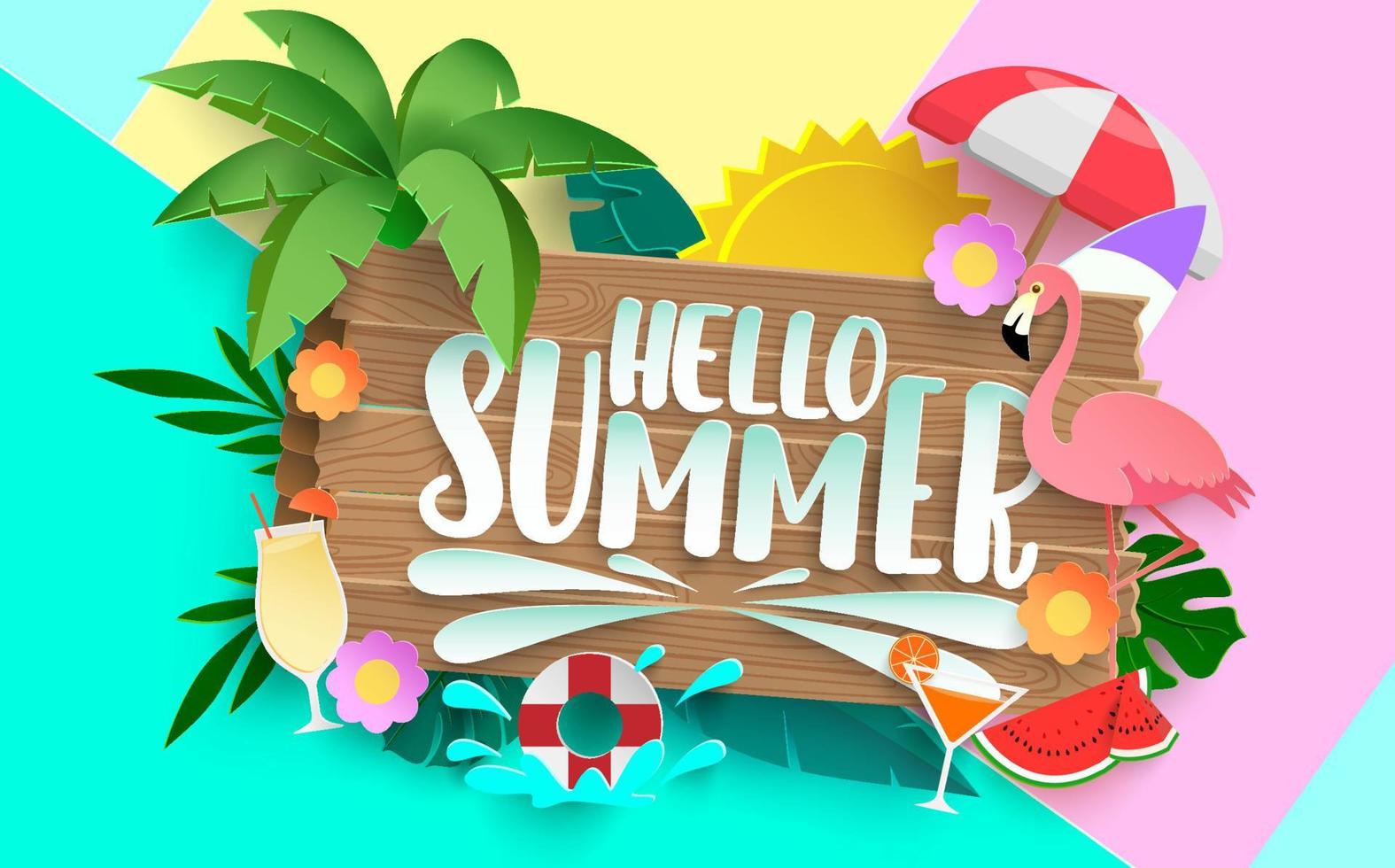 Hello summer vector concept design. Hello summer text with colorful elements like palm tree, leaves, umbrella and flamingo for tropical holiday season background. Vector illustration