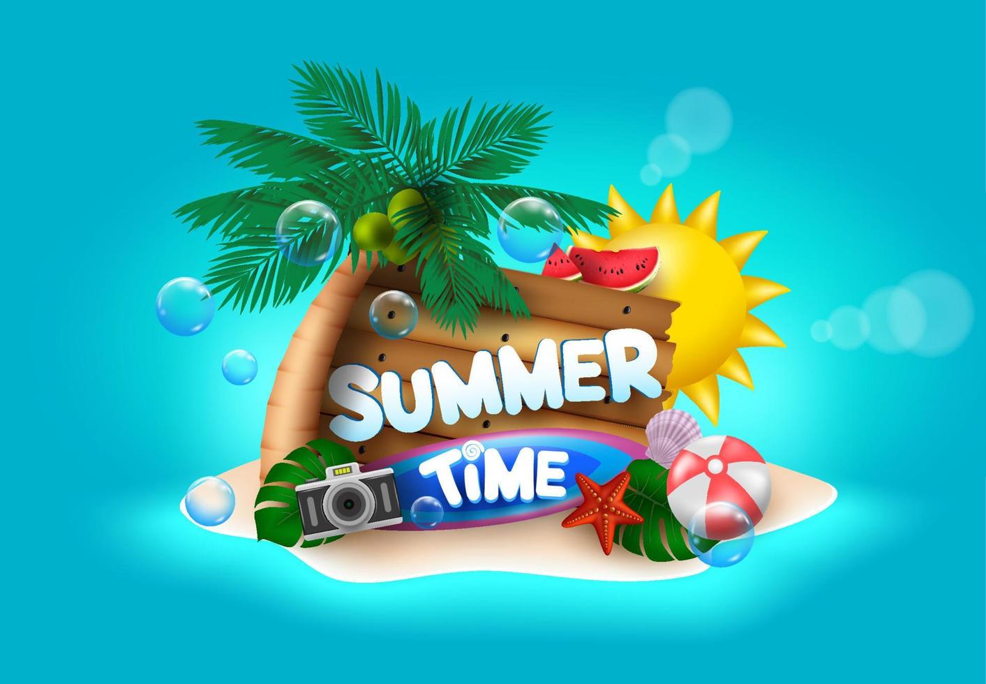 Summer time vector concept design. Summer time text in beach island with sun, palm tree, beach ball, camera and seashell elements in blue sea background. Vector illustration