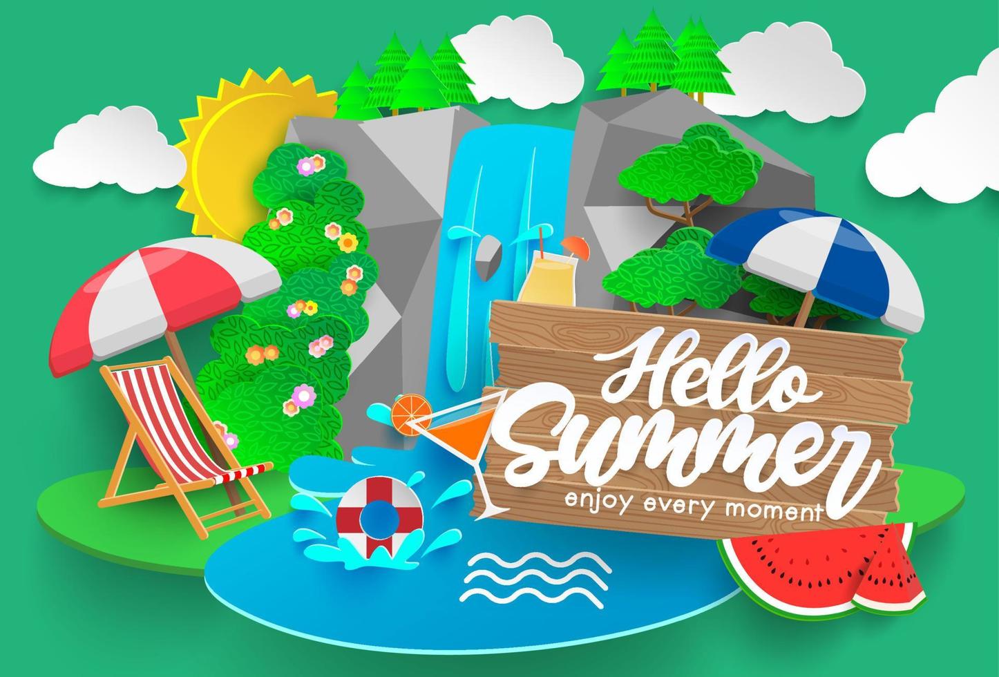 Hello summer vector banner design. Hello summer text in paper cut nature forest background with waterfall, drinks and chair elements for relax outdoor tropical season vacation. Vector illustration