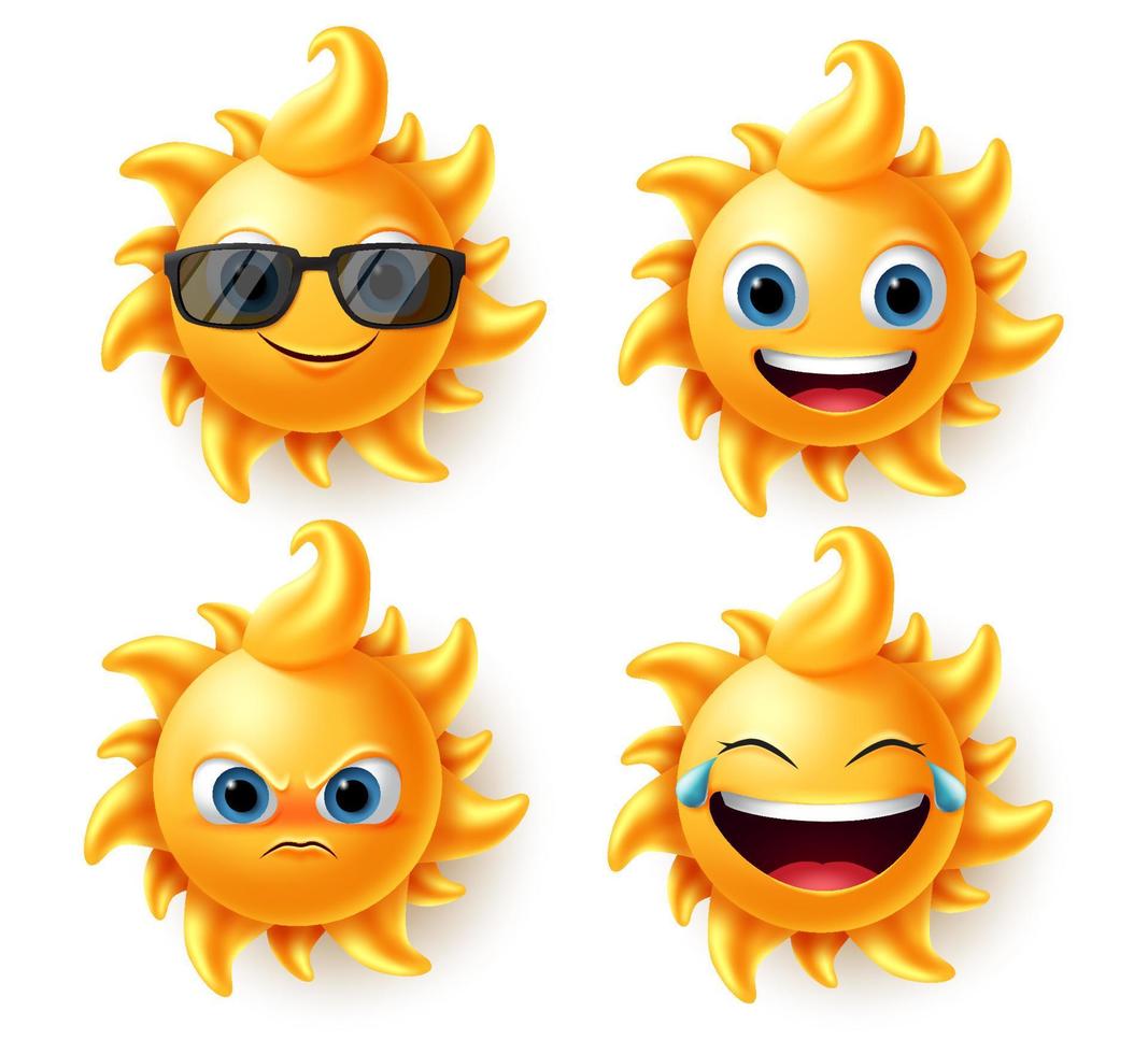 conjunto de vectores de caracteres solares. sol lindos personajes de verano en diferentes expresiones como enojado, riendo y sonriendo en un diseño realista 3d aislado en fondo blanco. ilustrador de vectores.