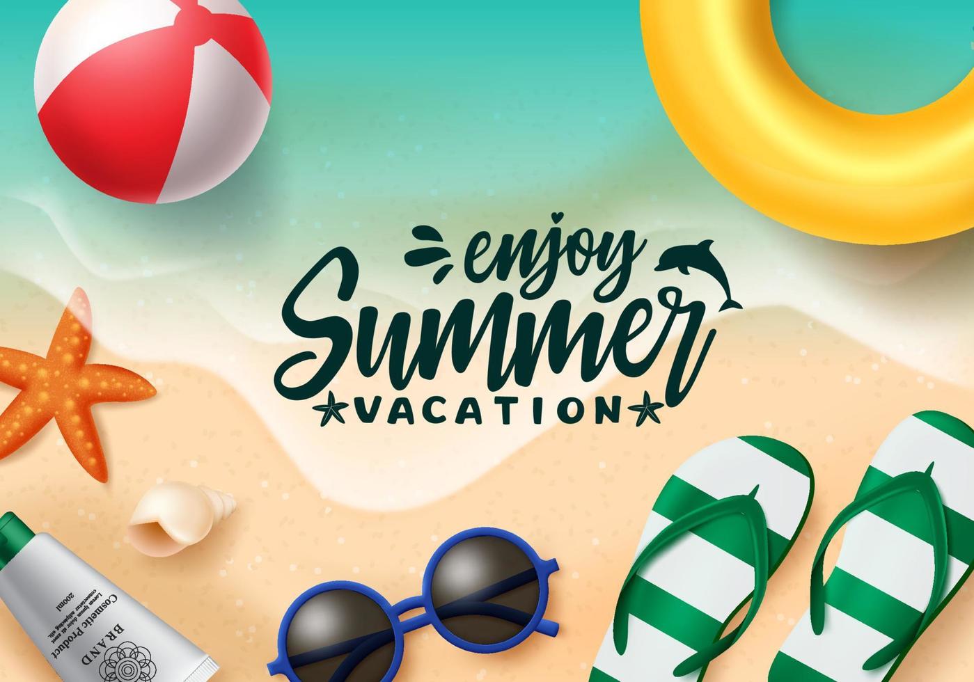 Summer vector banner design. Summer vacation text in beach seaside background with beach elements like floater, beach ball, sunglasses and flipflop for holiday season. Vector illustration.